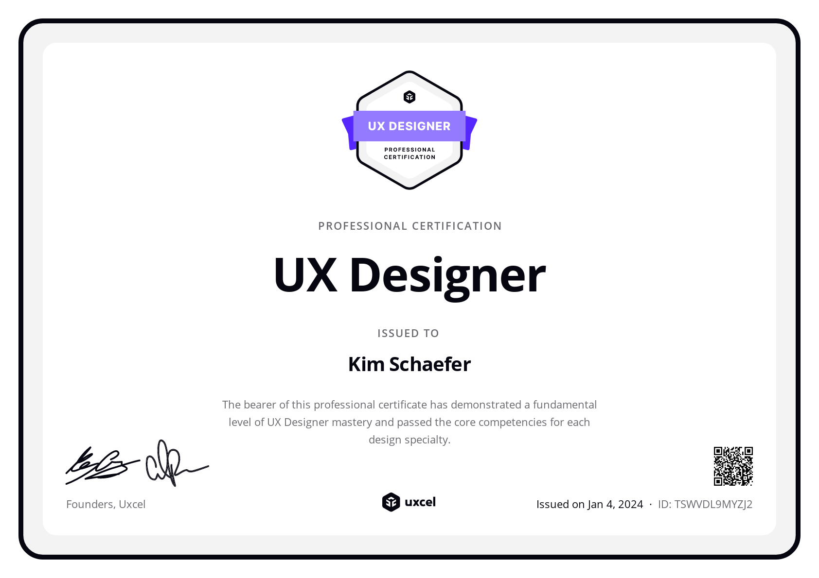 Kim Schaefer's certificate